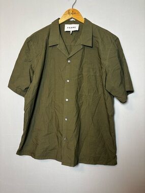 Frame Denim Mens Cotton Short Sleeve Button-Up Military Green Shirt Size Large
